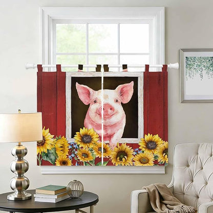 Pigs Sunflowers Kitchen Curtains 45 Inch Length, Short Cafe Window Curtains Tab Top, Farmhouse Red Barn Flowers Animals Light Filtering Window Treatments Tier Drapes 27.5"x45" 2 Panel