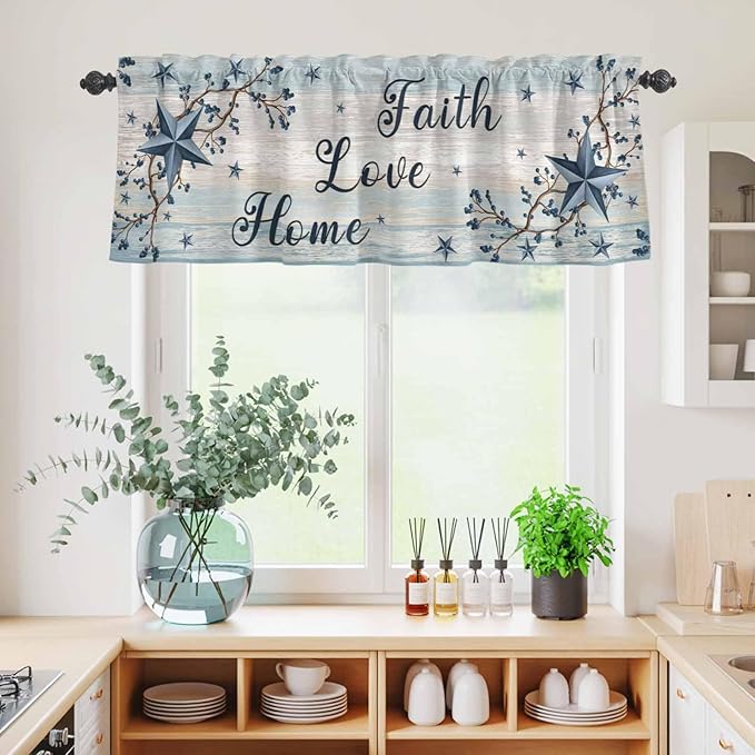 Vintage Farmhouse Kitchen Curtains Set 3 Piece for Windows, Rod Pocket Valance and Tier Set 24 Inch Length, Blue Country Texas Star Vines Wooden Light Filtering Cafe Curtains for Living Room Bathroom