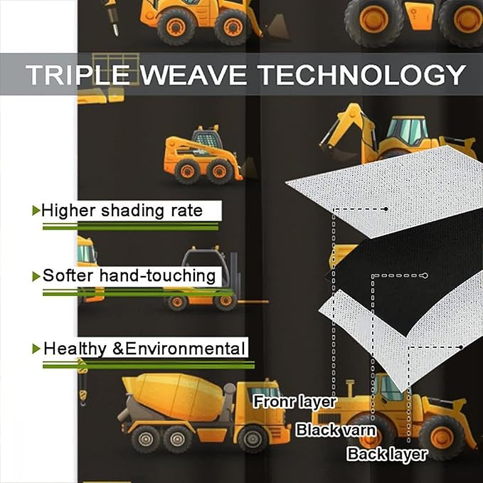 Kids Construction Window Curtains, Construction Machinery Equipment Mode of Transport Bulldozer Tractor Windows Curtain for Children Teens Room Decor 72x63in (30% Blackout)