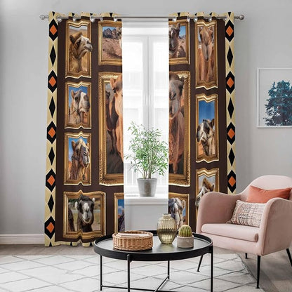 2 Panel Kitchen Cafe Curtains, Wildlife Camels Sunlight Filtering Nature Air Through, Home Decor Window Covering Tier Curtains for Living Room 80W x 84L inch Deserts Animals Brown Geometric Rustic
