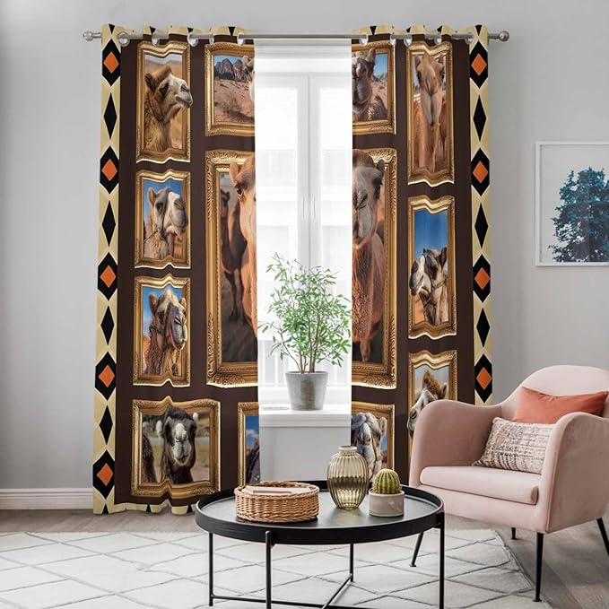 2 Panel Kitchen Cafe Curtains, Wildlife Camels Sunlight Filtering Nature Air Through, Home Decor Window Covering Tier Curtains for Living Room 104W x 96L inch Deserts Animals Brown Geometric Rustic