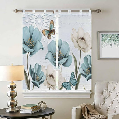 Blue Tulips Living Room Curtains 84 Inch Length, Window Curtains Tab Top, Watercolor Flowers Butterfly Spring Farmhouse Blue Light Filtering Window Treatments Drapes 42"x84" 2 Panel
