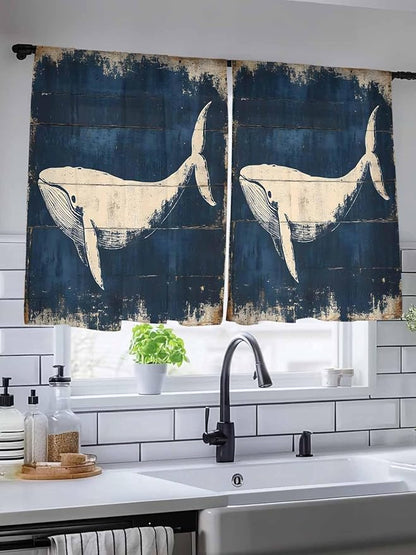 Sheer Curtains 54 Inch Length, Ocean Whale Blue Semi Sheer Curtains Light Filtering Window Treatment, Summer Coastal Vintage Wood Grain Privacy Voile Drapes for Living Room Bedroom 52x54 Inch