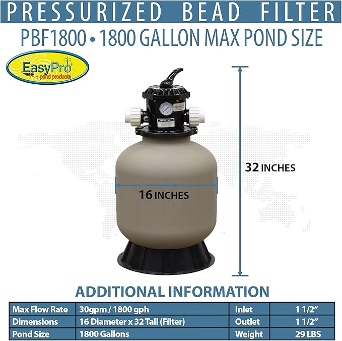 EasyPro PBF1800 Pressurized Bead Filter for Ponds & Fish Systems / 1800 Gallon Max. / Biological & Mechanical Media Provides Excellent Filtration/Easy Intallation & Cleaning