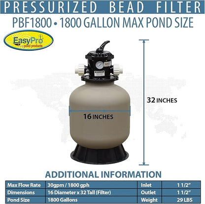 EasyPro PBF1800 Pressurized Bead Filter for Ponds & Fish Systems / 1800 Gallon Max. / Biological & Mechanical Media Provides Excellent Filtration/Easy Intallation & Cleaning