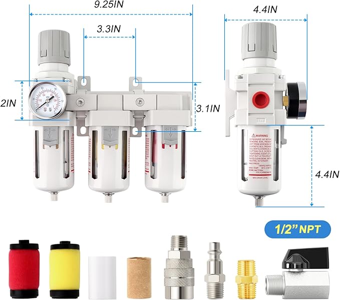 Industrial 1/2" NPT 3 Stage Air Drying System,Coalescing Filter, Particulate Filter and Air Regulator, Manual Drain for Air Tools and Spray Paint Gun