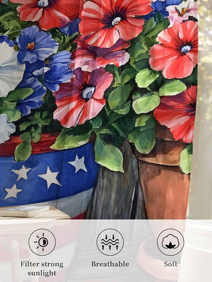 Sheer Curtains 63 Inch Length, Red Blue Flower Semi Sheer Curtains Light Filtering Window Treatment, Retro Independence Day Flag Wood Grain Privacy Voile Drapes for Living Room Bedroom 52x63 Inch