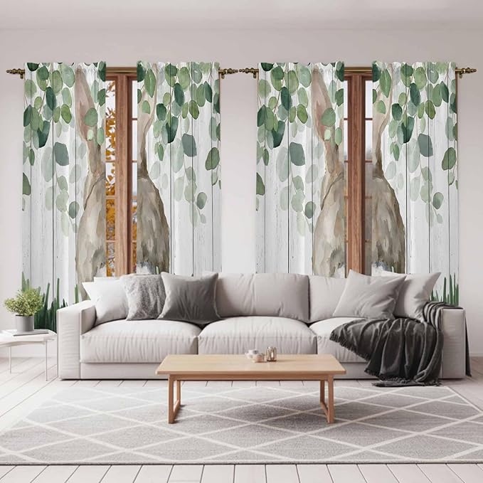 Easter Kitchen Curtains, Country Rabbit Botanical Leaves Wooden Grain Light Filtering Window Curtain Panels, 2Pcs Rod Pocket Window Treatments Set for Living Room Bathroom Bedroom 52x72 Inches