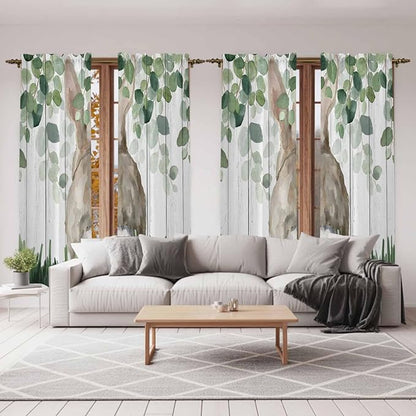 Easter Kitchen Curtains, Country Rabbit Botanical Leaves Wooden Grain Light Filtering Window Curtain Panels, 2Pcs Rod Pocket Window Treatments Set for Living Room Bathroom Bedroom 52x72 Inches