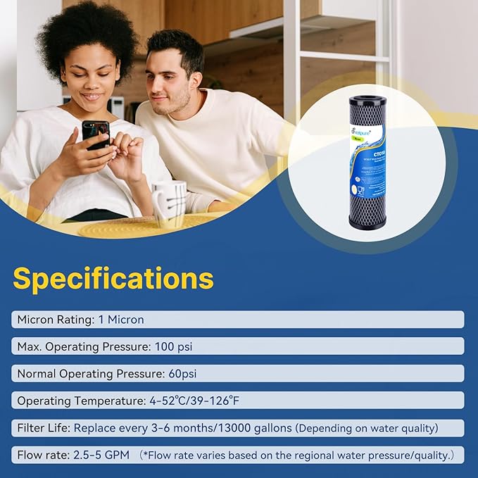 EXCELPURE 1 Micron 10" x 2.5" Whole House CTO Carbon Water Filter Cartridge Replacement for Home Countertop System, Dupont WFPFC8002, WFPFC9001, FXWTC, SCWH-5, WHEF-WHWC, WHCF-WHWC, CTO10, T01, 4PACK