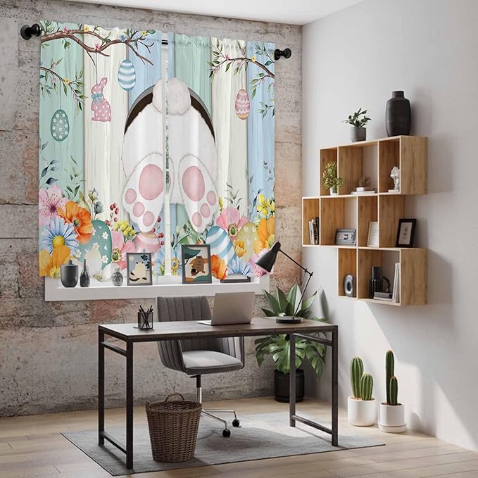 Easter Window Curtains 63 Inch Long 2 Panel Set, Rod Pocket Bedroom Curtains & Drapes, Spring Watercolor Bunny Eggs Wood Grain Teal Blue Light Filtering Window Treatment for Living Room 42"W x 63"L