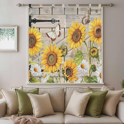 Farm Flowers Living Room Curtains 84 Inch Length, Window Curtains Tab Top, Retro Sunflowers Barn Doors Butterfly Wood Board Light Filtering Window Treatments Drapes 42"x84" 2 Panel