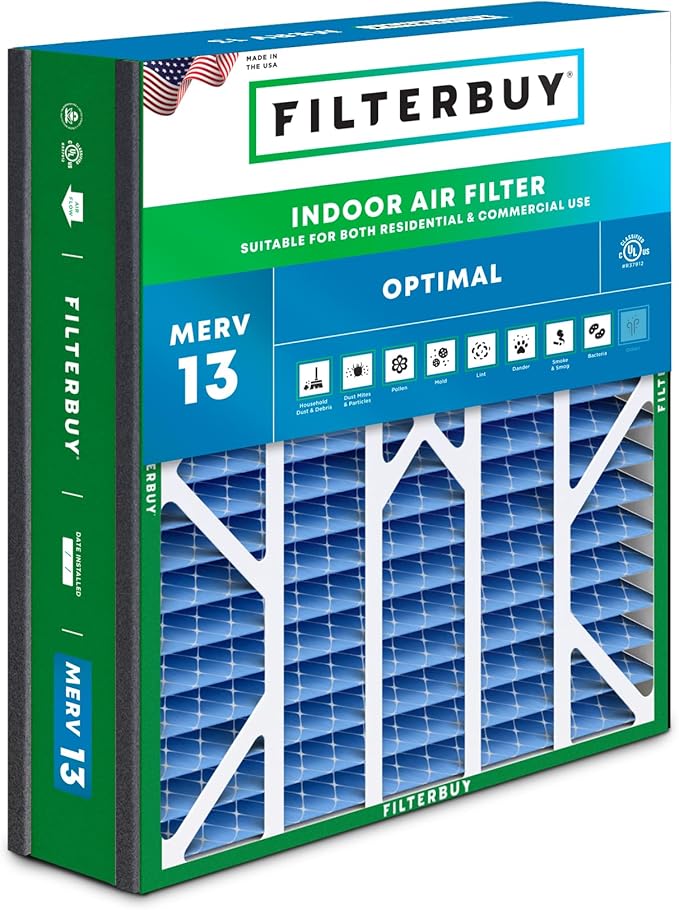Filterbuy 20x25x5 Air Filter MERV 13 Optimal Smoke & Allergy Defense (1-Pack), Pleated HVAC AC Furnace Filters for Trion Air Bear, Generalaire, Skuttle, and More (Actual Size: 19.63 x 24.13 x 4.88)