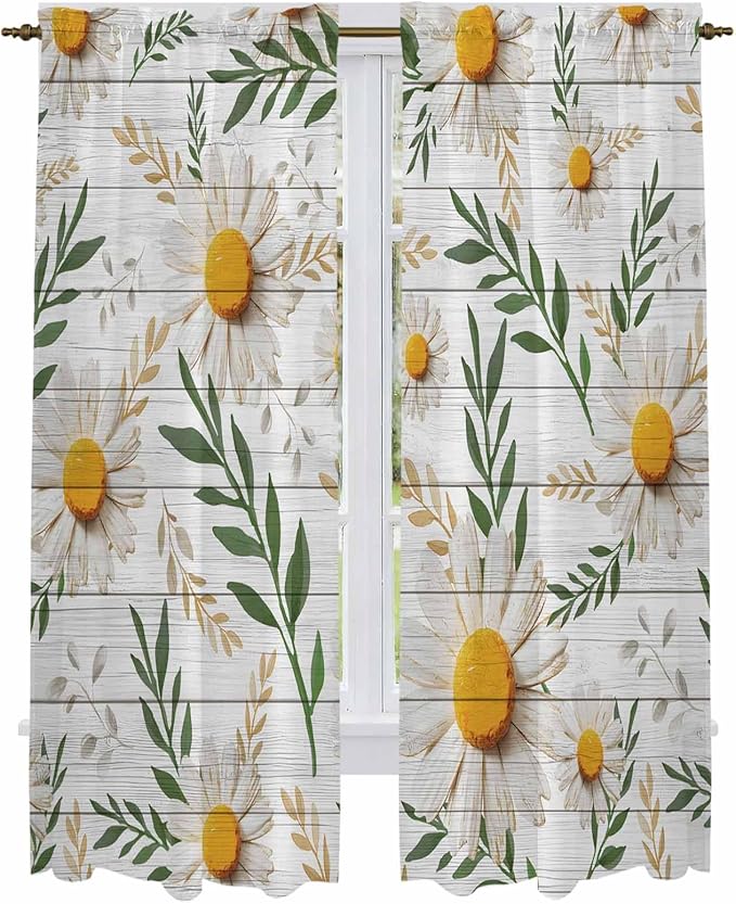 Spring Daisy Kitchen Curtains, Farmhouse Country Flower Leaf Plant Wood Grain Light Filtering Window Curtain Panels, 2Pcs Rod Pocket Window Treatments Set for Living Room Bathroom Bedroom 52x72 Inches