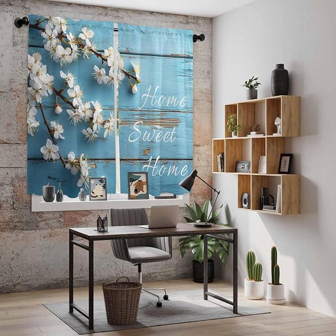 Farmhouse Wooden Grain Kitchen Curtains, Vintage Shabby Chic Flower Blue Light Filtering Window Curtain Panels, 2Pcs Rod Pocket Window Treatments Set for Living Room Bathroom Bedroom 42x63 Inches