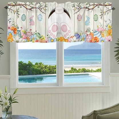 Easter Curtain Valances for Windows, Kitchen Valance Window Treatment, Spring Farmhouse Watercolor Bunny Eggs Wood Grain Light Filtering Block Curtains for Bathroom/Bedroom/Living Room 60'' x 18''