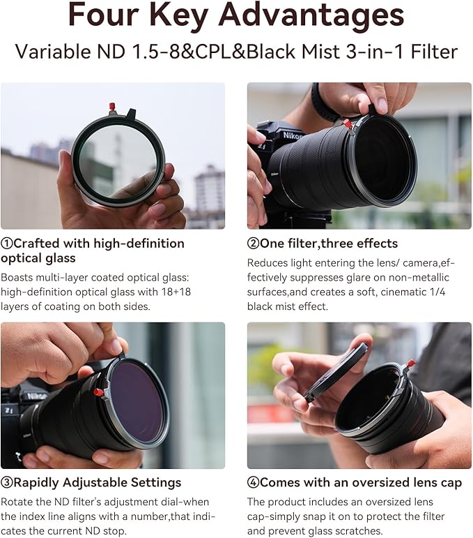 Kase 72mm Variable ND1.5-8 & CPL & Black Mist 3 in 1 Filter with 36 Multi-Coatings, Essential for Landscape & Vlog, Compatible with Canon Sony Nikon