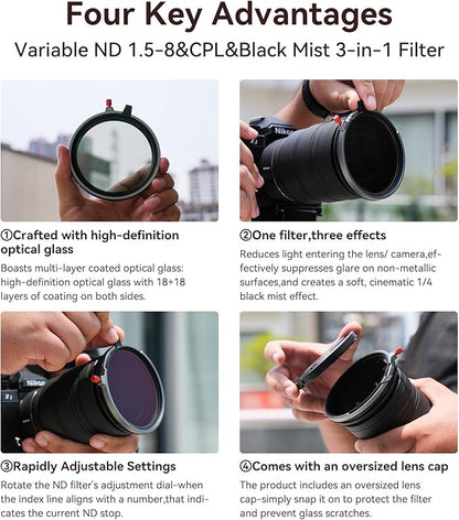 Kase 72mm Variable ND1.5-8 & CPL & Black Mist 3 in 1 Filter with 36 Multi-Coatings, Essential for Landscape & Vlog, Compatible with Canon Sony Nikon