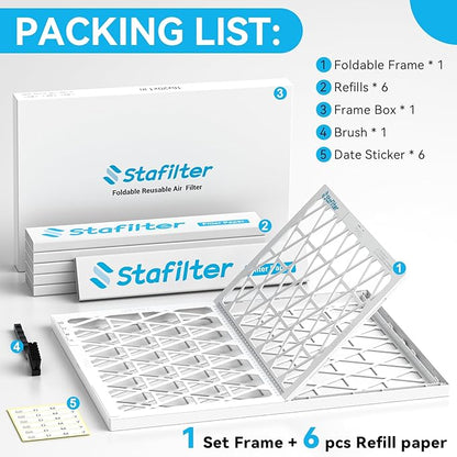 Reusable 16x25x1 Air Filter (MERV 8), 1 Foldable Frame + 6 Refills (Not Individual Filters), Greener HVAC AC Furnace Air Filters MPR 700&FPR 5(Actual Size:15.75"x24.75"x0.75")