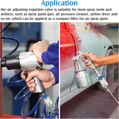 Pack of 6 Small Water Oil Separator Filter 1/4 Inch NPT Inlet and Outlet Air Compressor Moisture Filter Airbrush Water Separator for Spray Paint Air Line Compressor Fitting, Blue