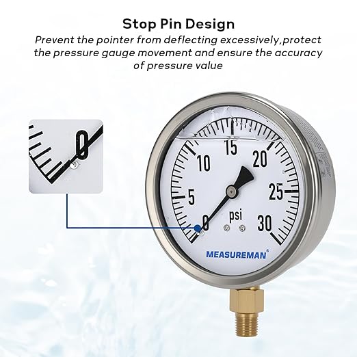 MEASUREMAN Glycerin Filled Plumbing Pressure Gauge 0-30psi Stainless Steel Case, 4" Dial 1/4" NPT Brass Lower Mount, Ideal for Residential Plumbing, Water Filtration Systems, Pneumatic Machinery