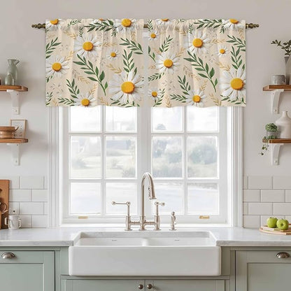 Spring Daisy Tier Curtains, Country Watercolor Flower Leaf Plant Light Filtering Kitchen Curtains, 2Pcs Rod Pocket Half Window Treatments Panels for Sink Cafe Cabinet Camper 27.5x24 Inches