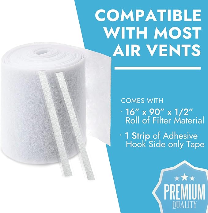 Cut to Size Floor Vent Air Filters for home - MERV 8 Electrostatic Cut to Fit Air Filter Roll & Adhesive Hook Tape (50+ Filters) (12" x 90" Triple Filtration)