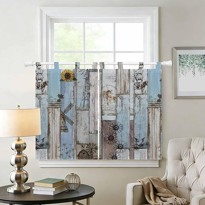 Blue Grey Wooden Bedroom Curtains 63 Inch Length, Window Curtains Tab Top, Farmhouse Barn Sunflowers Retro Light Filtering Window Treatments Drapes 42"x63" 2 Panel