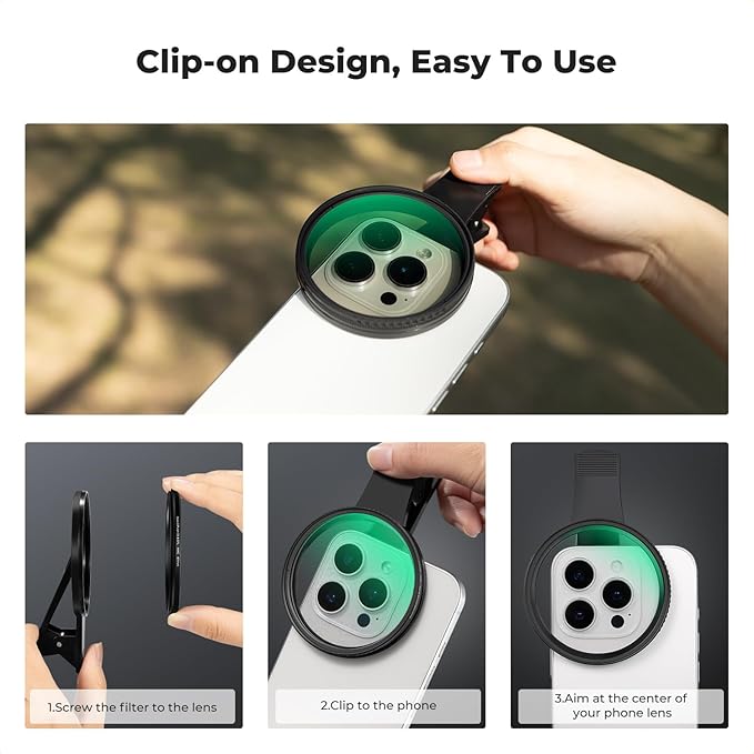 K&F CONCEPT 67mm Clip-on Black Diffusion 1/4&CPL Phone Camera Lens Filter Kit, Mist Cinematic Effect Filter Compatible with iPhone 16 15 14 13 12 11, for Video/Vlog/Portrait Photography