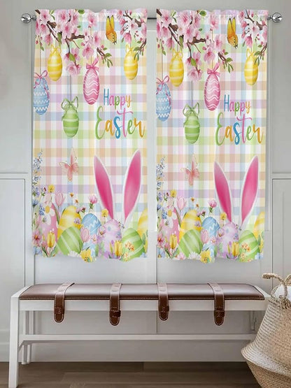Happy Easter Bedroom Curtains 63 Inches length, Spring Bunny Colorful Eggs Flower Plaid Window Treatment Curtain Drapes, Rod Pocket Curtain Panels for Living Room Kitchen, 42"x63", 2 Panels