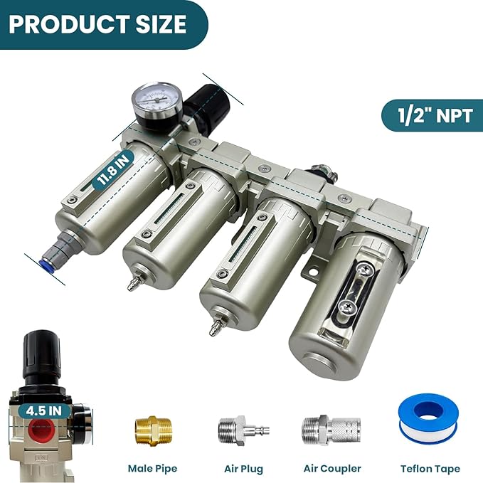 Upgraded 1/2" NPT Industrial Grade 4 Stage Air Drying System, Particulate Filter, Coalescing Filter, Desiccant Dryer & Air Regulator - for Plasma Cutter, Paint Spray, 3Filter&1Dryer System，Auto Drain