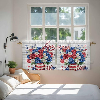 Independence Day Kitchen Tier Curtains 24 Inch Long 2 Panel Set,Rod Pocket Cafe Small Window Curtains Over Sink,4 of July Rose Wooden Grain Vintage Light Filtering Short Drapes 27.5"W x 24"L