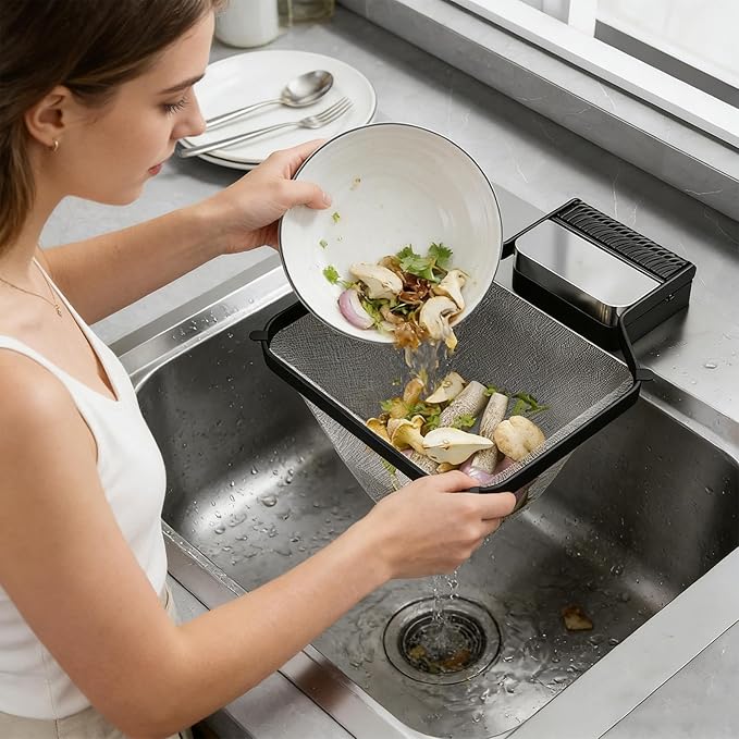 Corner Sink Strainer – PC ABS Iron Art 16.6x21.8x2cm | Foldable Basket Strainer | Sink Food Catcher | Suction Cup Drain Filter For Food Waste Disposal Scrap Collection