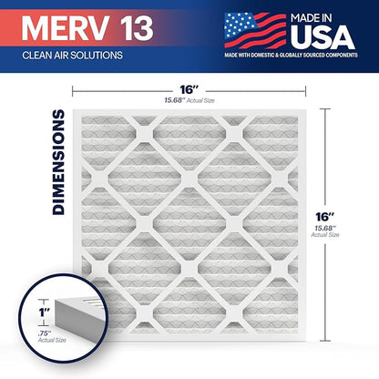 BNX TruFilter 16x16x1 Air Filter MERV 13 (6-Pack) - MADE IN USA - Electrostatic Pleated Air Conditioner HVAC AC Furnace Filters for Allergies, Pollen, Mold, Bacteria, Smoke, Allergen, MPR 1900 FPR 10