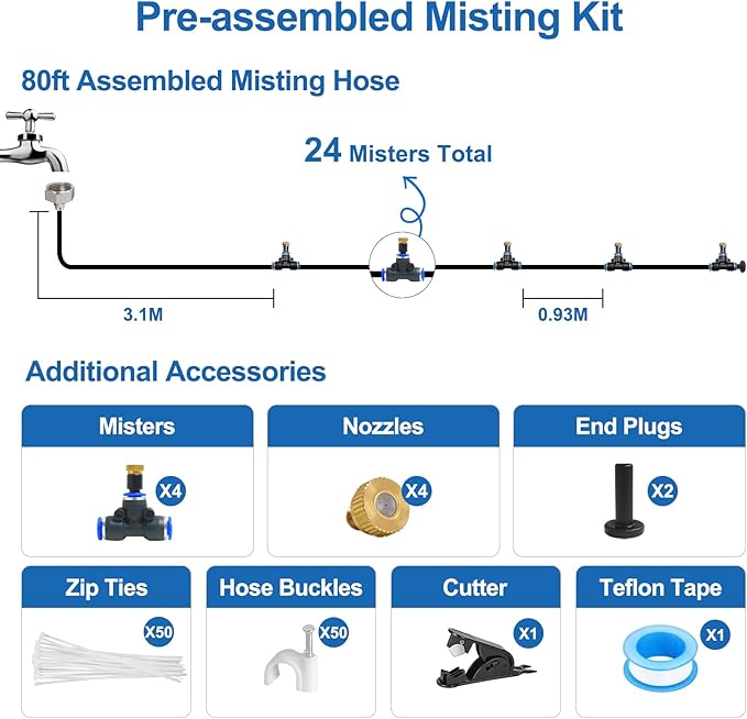 Pre-Assembled Misters for Outside Patio,Outdoor Water Misting Cooling System,80FT|24M.Backyard Mist Kit for Garden,Greenhouse,Deck,Umbrella,Canopy,Pool,Porch.Trampoline Sprinkler,Party Accessories
