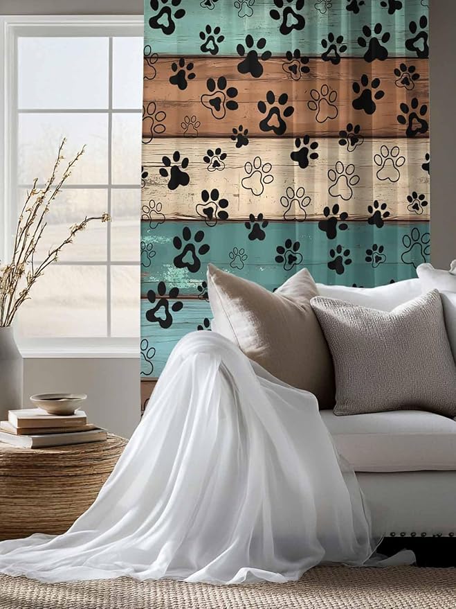 Sheer Curtains 63 Inch Length, Green Brown Paw Print Semi Sheer Curtains Light Filtering Window Treatment, Vintage Farmhouse Country Wooden Grain Privacy Voile Drapes for Living Room 52x63 Inch