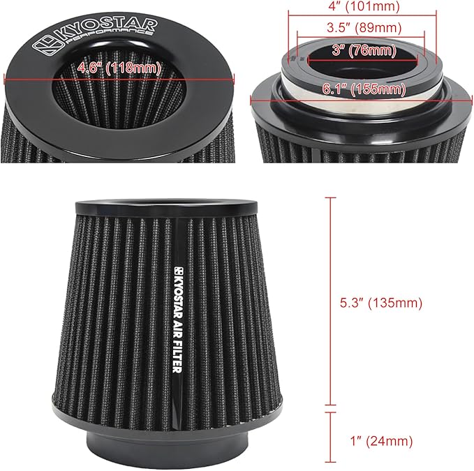 KYOSTAR Universal 3/3.5/4" (75/89/100mm) High-Flow Air Filter, Reusable Cone Cold Air Intake, High Performance, Clamp-On Car High Flow Air Kit, Flange Diameter: 3/3.5/4 Inch, Height: 6.2 Inch, Black