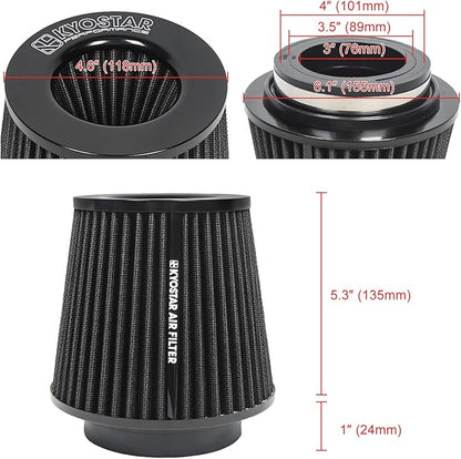KYOSTAR Universal 3/3.5/4" (75/89/100mm) High-Flow Air Filter, Reusable Cone Cold Air Intake, High Performance, Clamp-On Car High Flow Air Kit, Flange Diameter: 3/3.5/4 Inch, Height: 6.2 Inch, Black
