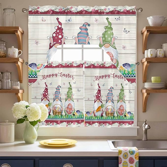Swag Valance Curtains, Happy Easter Gnomes with Eggs on Grass Rod Pocket Valances Swag Topper for Kitchen Windows, Spring Floral on Wood Barn Light Filtering Short Curtain for Bedroom Bathroom 56x36In