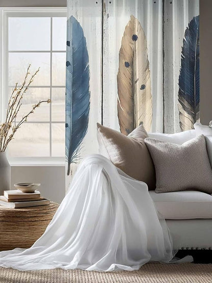 Sheer Curtains 72 Inches Long, Farmhouse Feather Semi Sheer Curtains Light Filtering Window Treatment, Watercolor Vintage Wooden Grain Privacy Voile Drapes for Living Room Bedroom 52x72 Inch
