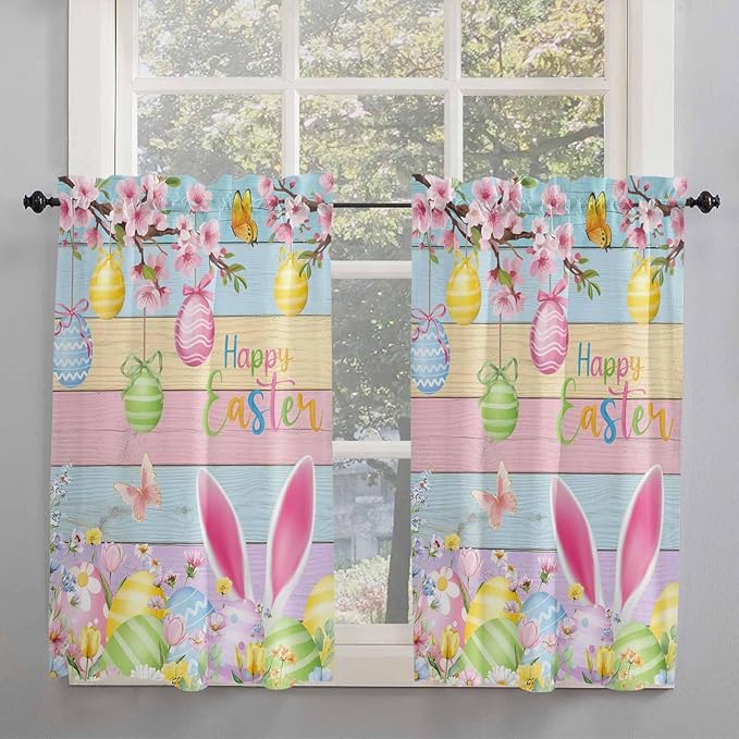 Colorful Easter Tier Curtains 45 Inches Long, Spring Watercolor Bunny Egg Flower Wood Grain Window Treatment Curtain Drapes, Window Half Privacy Curtains for Bedroom Bathroom, 42"x45", 2 Panels