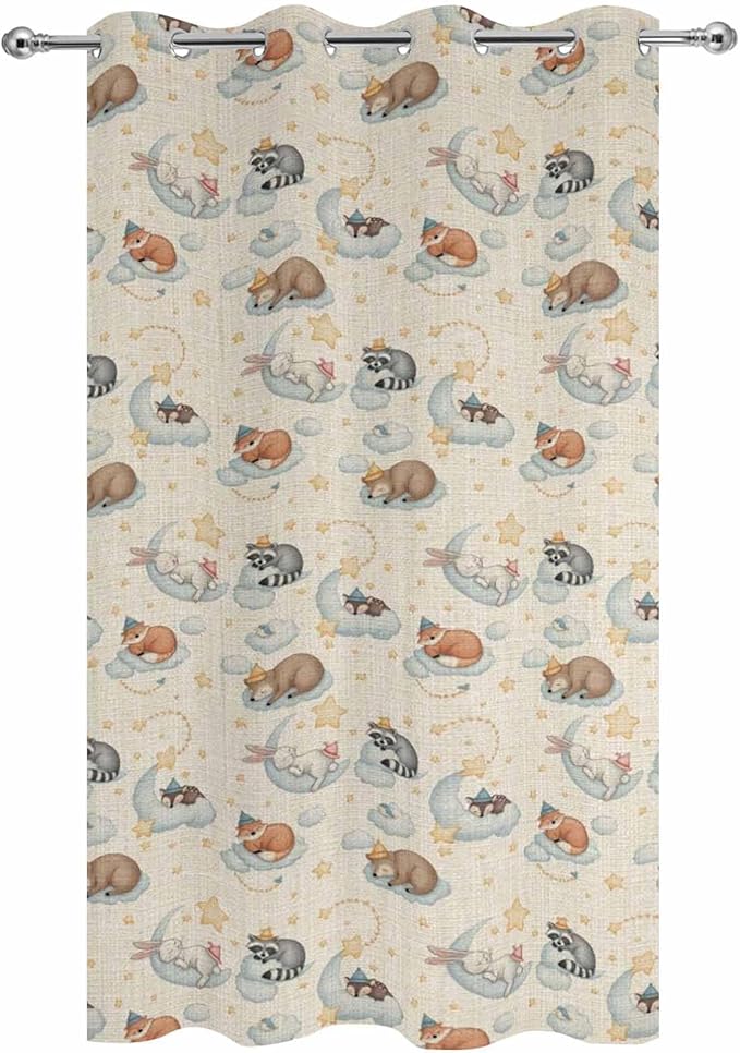 Cartoon Animals Outdoor Curtains for Patio Raccoons Rabbits Moon Linen Texture Waterproof Outside Curtains with Grommet Top Weatherproof Curtain for Cabana Pergola Gazebo, 1 Panel, 54" W x 95" L