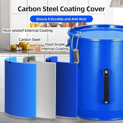 8 Gal Fryer Grease Bucket, Steel Oil Disposal Container with Rust-Proof Coating, Safety Lid & Lock Clips & Filter Bag for Cooking Grease Storage & Transport,Blue
