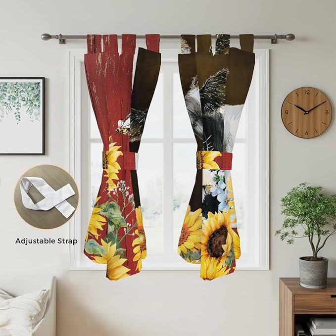 Cows Sunflowers Bathroom Curtains 63 Inch Length, Window Curtains Tab Top, Rustic Farms Barns Flowers Bees Animals Light Filtering Window Treatments Drapes 52"x63" 2 Panel