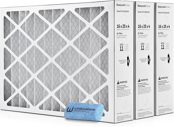 16x25x4 Air Filter Replacement MERV 11, FC100A1029 Pleated HVAC AC Furnace Filters with Wholesalehome Cleaning Cloth, 3-Pack (Actual Size: 15.94 x 24.86 x 4.38 Inches)