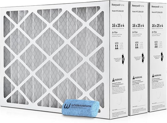 16x25x4 Air Filter Replacement MERV 11, FC100A1029 Pleated HVAC AC Furnace Filters with Wholesalehome Cleaning Cloth, 3-Pack (Actual Size: 15.94 x 24.86 x 4.38 Inches)