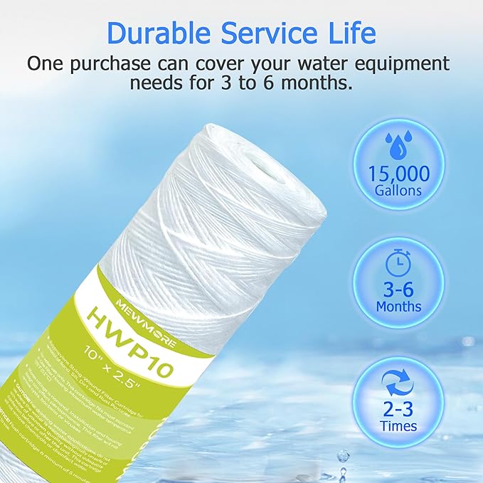20 Micron Whole House Water Filter Cartridge, String Wound Sediment Filters for Well Water, Universal Replacement for Any 10 inch RO Unit - 10" x 2.5" Cartridges - Pack of 6
