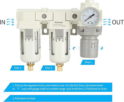 3/8" NPT Three Stage Air Drying System - 5 Micron Particulate Filter Air Pressure Regulator Combo - 0-125psi Gauge, Semi-Auto Drain, Metal Bracket