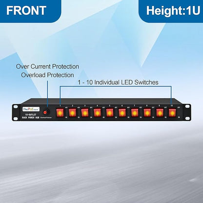 10-Outlet 1U Rack Mount Power Strip - Surge Protector, Features 10 Front Switches with LED Light - Ideal, w/ 6 ft Cord for Network Server Racks and Cabinets