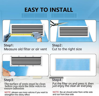 2 Rolls Air Filters 12x90, Cut to Size(100+Filters) MERV 8 Electrostatic Floor Vent Filter for Registers, RV, AC, Ceiling, Grilles and Wall HVAC Furnace Vents, 48PCs Adhesive Hook